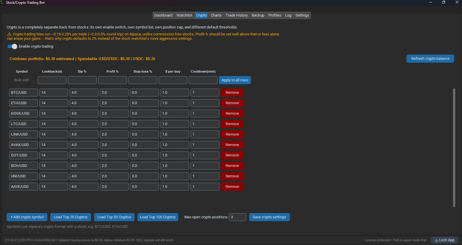 Cryptocurrency trading configuration