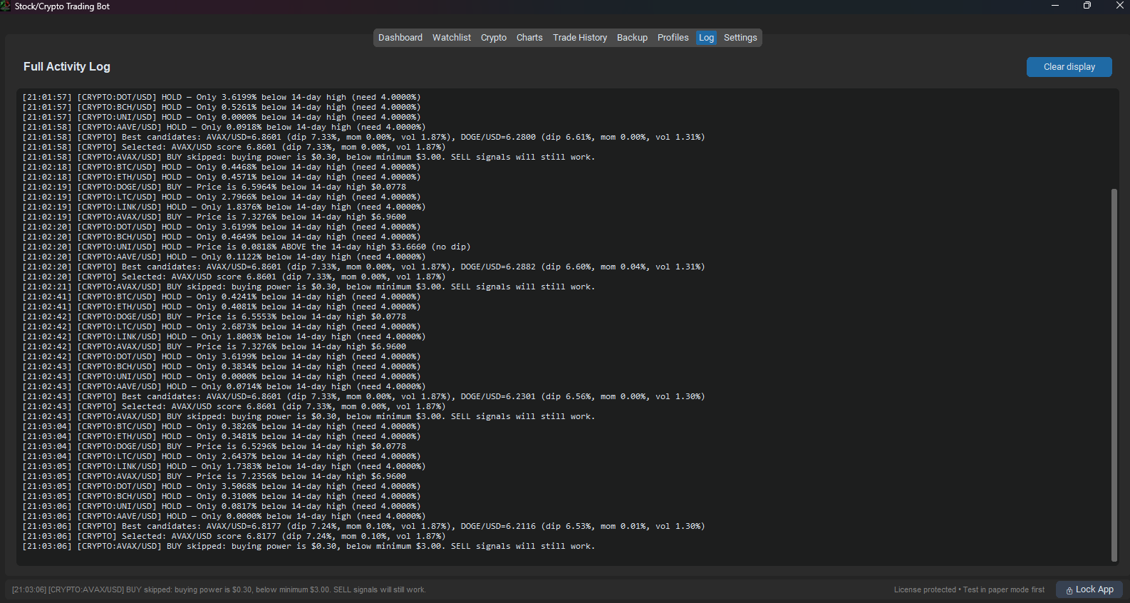 Live automated trading activity log